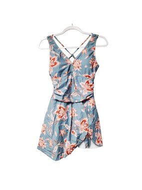 Floral Crisscross Back Swim Dress Womens Blue & Pink Size M